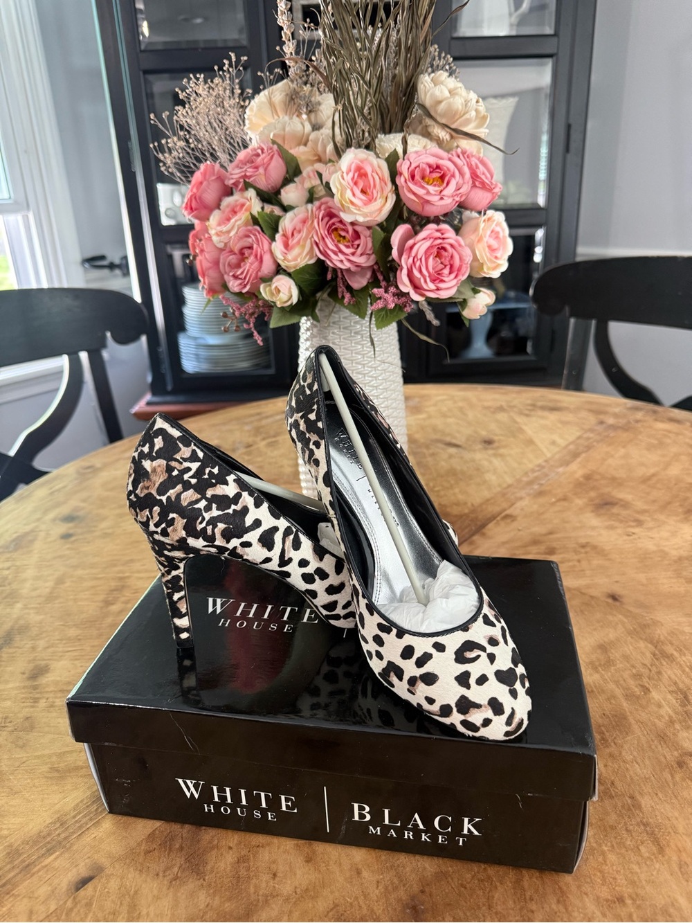 White House Black Market Leopard-Print Stiletto Pumps in Black and Cream NEW